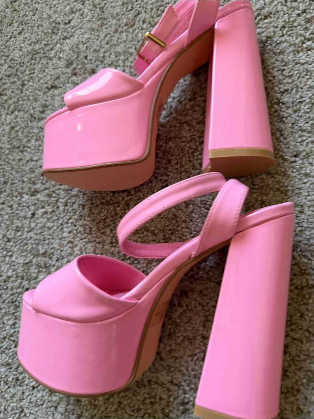 Lemon Drop Pink Platform Block Heel Sandals with Ankle Strap